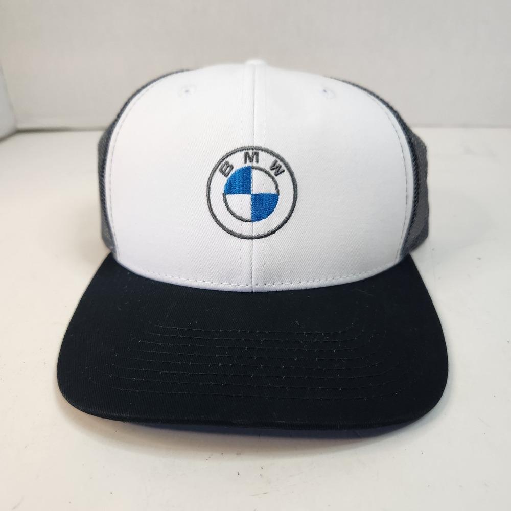 OEM BMW Premium Trucker Hat Black Brim White Facing Gray Mesh Snap Back New Tag